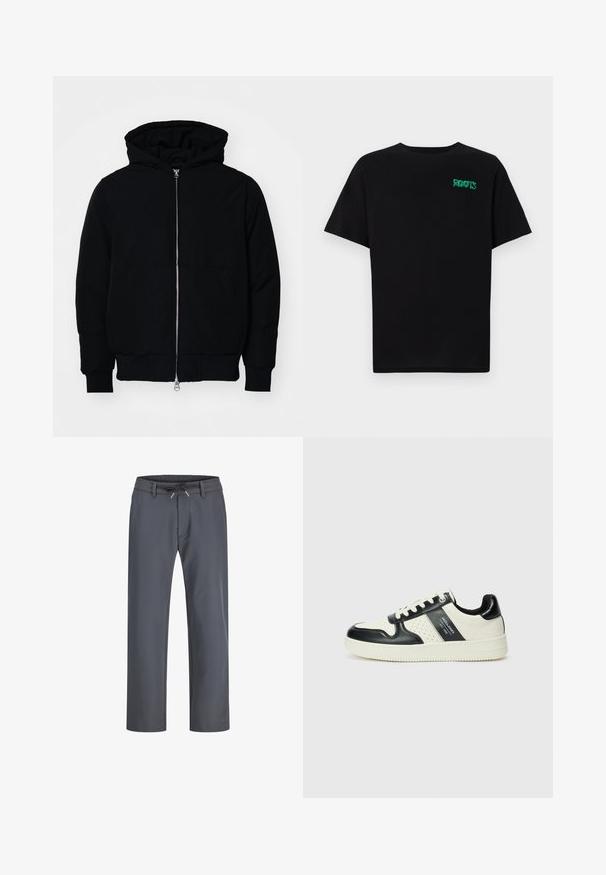 Black hooded jacket with front zipper, kangaroo pocket, ribbed cuffs, and hem, displayed on a plain white background.; Black t-shirt made of cotton with short sleeves. Features a green "ROOTS" logo on the front, round neckline, and standard fit.; Gray, elastic waistband pants with a drawstring. Straight leg design, made from smooth fabric, feature minimal stitching and no visible hardware.; Leather sneakers with a black and cream color scheme, featuring perforated accents, a padded collar, and a textured outsole.