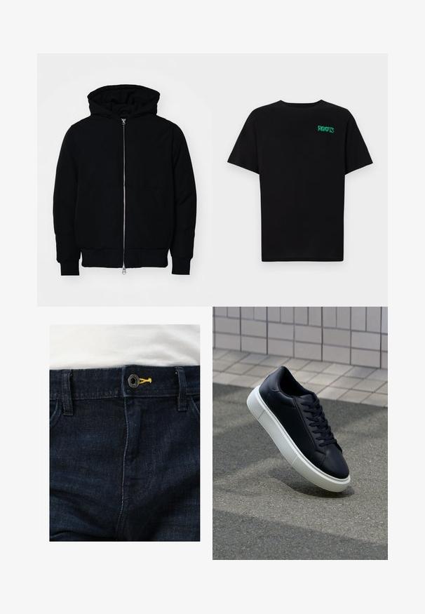 Črna kapuca jakna s sprednjim zadrgo, kenguru žepom, rebrastimi manšetami in hemom, razstavljena na enostavni beli ozadju.; Črna majica iz bombaža z kratkimi rokavi. Na sprednji strani ima zeleno logotip "ROOTS", okroglo ovratnico in standardno prileganje.; Temno modri jeans iz denima z običajnim zapiranjem na gumb z rumenim poudarkom in več žepi. Tekstura se zdi gladka z rahlim sijajem.; Črne usnjene superge z zaobljenim prstom in belim gumijastim podplat. Imajo ravne vezalke in minimalno šivanje na zgornjem delu. Teksturirani podplat za oprijem.