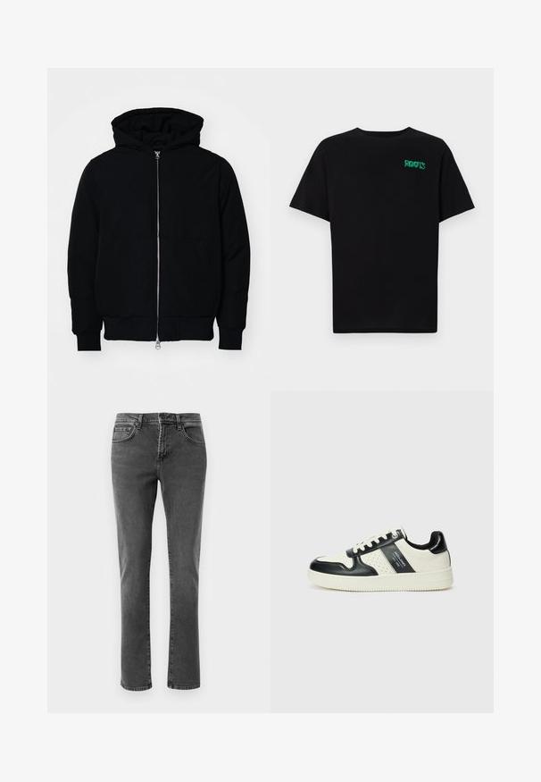 Crna kapuška jakna s prednjim zatvaračem, kenguru džepom, rebrastim manžetama i rubom, prikazana na običnoj bijeloj pozadini.; Crna majica kratkih rukava od pamuka. Na prednjem dijelu se nalazi zeleni "ROOTS" logo, okrugli izrez i standardni kroj.; Crne traperice ravnog kroja s prednjim i stražnjim džepovima, zatvaračem i dugmetom na jednostavnoj bijeloj pozadini.; Kožne tenisice s crno-bijelom paletom boja, koje imaju perforirane akcentne detalje, podstavljeni ovratnik i teksturiranu potplat.