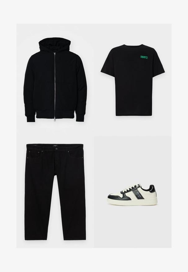 Mustat huppu-untuvatakki, jossa on vetoketju edessä, kenguru-tasku, ribatut hihansuut ja helma, esillä yksinkertaisella valkoisella taustalla.; Mustat t-paidat, jotka on valmistettu puuvillasta ja joissa on lyhyet hihat. Edessä vihreä "ROOTS"-logo, pyöreä kaula-aukko ja normaali istuvuus.; Mustat farkut suoralla lahkeella, joissa on klassinen viisi-taskuinen tyyli ja kontrastoiva metallivarustus.; Nahkakengät musta-kerma värimaailmassa, joissa on rei'itetyt yksityiskohdat, pehmustettu nilkkaosa ja teksturoitu pohja.