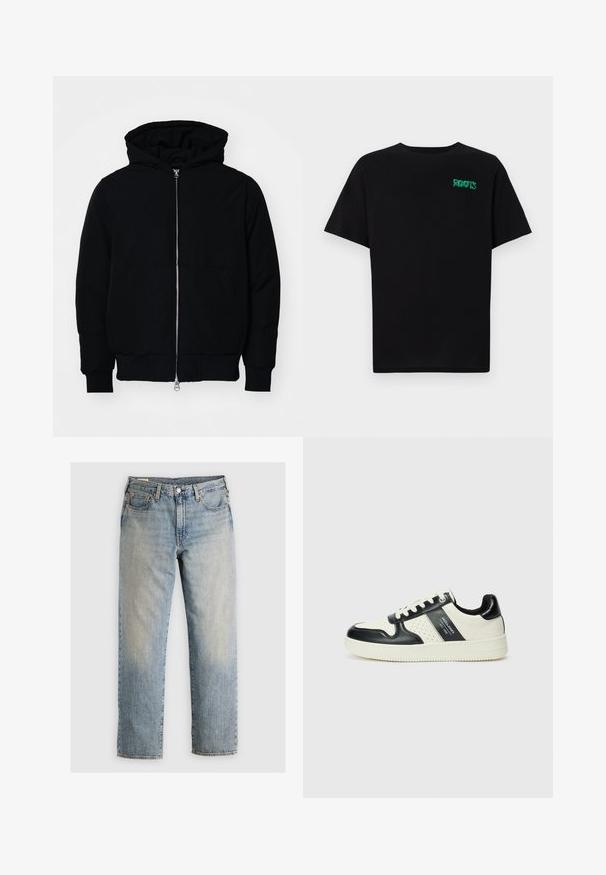 Black hooded jacket with front zipper, kangaroo pocket, ribbed cuffs, and hem, displayed on a plain white background.; Black t-shirt made of cotton with short sleeves. Features a green "ROOTS" logo on the front, round neckline, and standard fit.; Light blue denim jeans with a straight leg design, five-pocket style, and visible stitching. Faded wash and brass hardware details.; Leather sneakers with a black and cream color scheme, featuring perforated accents, a padded collar, and a textured outsole.