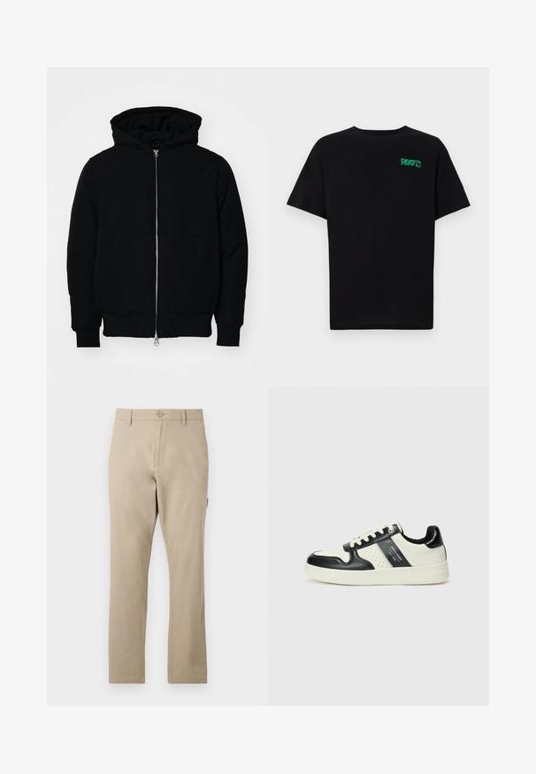 Svart hettejakke med frontglidelås, kengurulomme, ribbestrikket mansjetter og søm, vist på en ensfarget hvit bakgrunn.; svart t-skjorte laget av bomull med korte ermer. Har et grønt "ROOTS"-logo på forsiden, rund halsutringning og standard passform.; Beige bomullsbukser med straight-leg design, med knapp foran og subtile sømdetaljer. Glatt tekstur, uten mønster.; Lædersneakers med sort og creme farveskema, der har perforerede detaljer, en polstret krave og en struktureret ydersål.