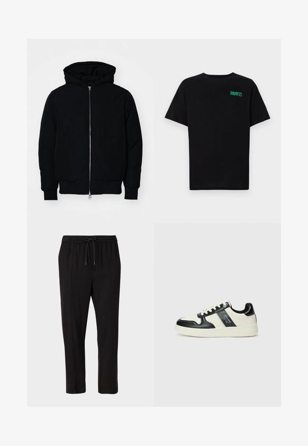 Chaqueta negra con capucha, cierre frontal, bolsillo tipo canguro, y puños y dobladillo acanalados, exhibida sobre un fondo blanco liso.; Camiseta negra de algodón con mangas cortas. Presenta un logo verde "ROOTS" en el frente, escote redondo y corte estándar.; Only & Sons ONSSEJER PANT - Pantalones - black; Zapatillas de cuero con un esquema de colores negro y crema, que cuentan con acentos perforados, un collar acolchado y una suela texturizada.