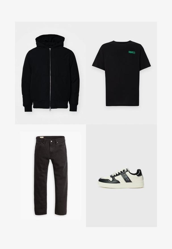 Mustat huppu-untuvatakki, jossa on vetoketju edessä, kenguru-tasku, ribatut hihansuut ja helma, esillä yksinkertaisella valkoisella taustalla.; Mustat t-paidat, jotka on valmistettu puuvillasta ja joissa on lyhyet hihat. Edessä vihreä "ROOTS"-logo, pyöreä kaula-aukko ja normaali istuvuus.; Mustat farkut suoranlahkeisella leikkauksella, joissa on klassinen viiden taskun muotoilu, hillitty tikkaus ja metallinen nappikiinnitys.; Nahkakengät musta-kerma värimaailmassa, joissa on rei'itetyt yksityiskohdat, pehmustettu nilkkaosa ja teksturoitu pohja.