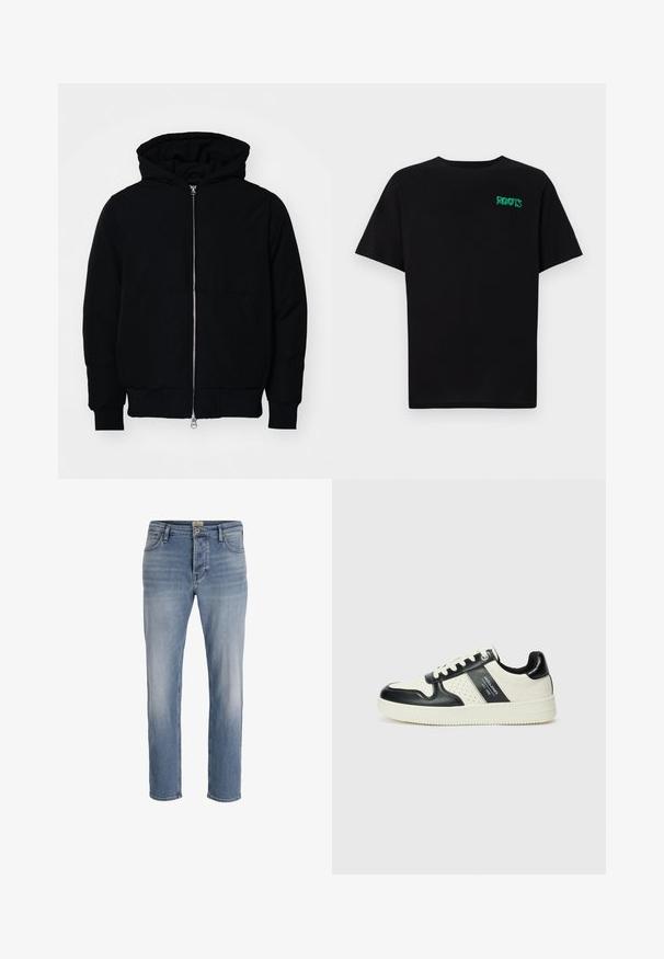 Mustaga kapuutsiga jakk, millel on esineed, kenguru tasku, soonikkoes, ja alläär, esitatud lihtsal valgel taustal.; Must t-särk, mis on valmistatud puuvillast, lühikeste varrukatega. Esipaneelil on roheline "ROOTS" logo, ümmargune kaelus ja tavapärane lõige.; Heled sinise värviga teksapüksid sirge lõikega, ees kerge kulumine, viie taskuga disain ja metallist nööp sulgemiseks vöökohtadel.; Nahatud nahkkingad musta ja kreemi värviskeemiga, millel on perforeeritud aktsendid, pehme krae ja tekstureeritud tallad.