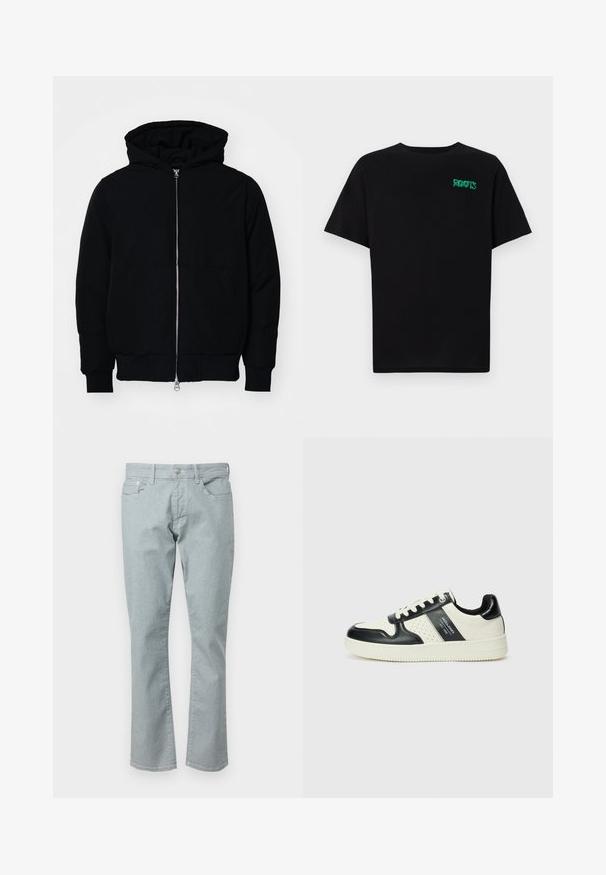 Juodas gobtuvėlis su priekiniu užtrauktuku, kengūros tipo kišene, lygiais rankogaliais ir apvadu, pateiktas ant vientiso balto fono.; Juodas medvilninis marškinėliai trumpomis rankovėmis. Priekyje yra žalias „ROOTS“ logotipas, apvalus iškirpimas ir standartinė prigludimo forma.; Šviesiai mėlynos džinsinės kelnės su tiesiu kirpimu, penkiais kišenėmis, užtrauktuku ir subtilia tekstūra. Yra diržo kilpos ir kontrastingas siūlė.; Odiniai sportbačiai juodos ir kreminės spalvų schemoje, su perforuotais akcentais, paminkštinta apykakle ir tekstūruotu padu.