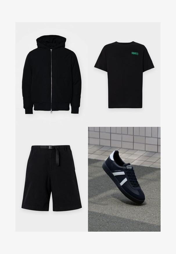 Black hooded jacket with front zipper, kangaroo pocket, ribbed cuffs, and hem, displayed on a plain white background.; Black t-shirt made of cotton with short sleeves. Features a green "ROOTS" logo on the front, round neckline, and standard fit.; Black shorts made from smooth fabric, featuring a black belt and a single front pocket. Straight-cut design with a hemmed bottom.; Black leather sneaker with white stripes, textured rubber sole, and lace-up front. Features a branded label on the tongue.