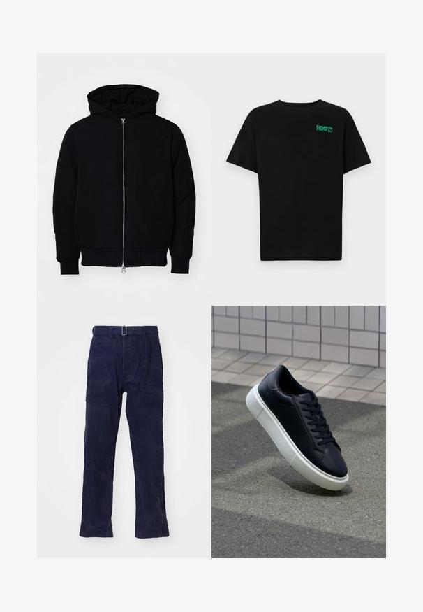 Črna kapuca jakna s sprednjim zadrgo, kenguru žepom, rebrastimi manšetami in hemom, razstavljena na enostavni beli ozadju.; Črna majica iz bombaža z kratkimi rokavi. Na sprednji strani ima zeleno logotip "ROOTS", okroglo ovratnico in standardno prileganje.; Temno modri hlače širokega kroja za delo, izdelane iz trpežne tkanine, s visokim pasom, zankami za pas in velikimi stranskimi žepi. Teksturirana površina.; Črne usnjene superge z zaobljenim prstom in belim gumijastim podplat. Imajo ravne vezalke in minimalno šivanje na zgornjem delu. Teksturirani podplat za oprijem.
