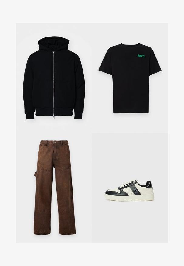 Czarna kurtka z kapturem, z suwakiem z przodu, kieszenią kangurką, ściągaczami przy mankietach i dolnym brzegu, prezentowana na jednolitym białym tle.; Czarna koszulka z bawełny z krótkim rękawem. Posiada zielone logo "ROOTS" z przodu, okrągły dekolt i standardowy krój.; Brązowe proste spodnie robocze z kieszenią narzędziową z boku, szlufkami na pasek i zapięciem na guzik w pasie.; Skórzane sneakersy w czarno-kremowym schemacie kolorystycznym, z perforowanymi akcentami, wyściełanym kołnierzem i teksturowaną podeszwą.