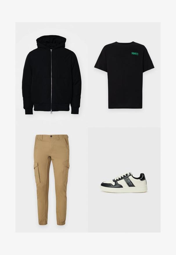 Black hooded jacket with front zipper, kangaroo pocket, ribbed cuffs, and hem, displayed on a plain white background.; Black t-shirt made of cotton with short sleeves. Features a green "ROOTS" logo on the front, round neckline, and standard fit.; Cargo pants in tan fabric with a tapered fit, featuring two side pockets, two cargo pockets, and elastic cuffs at the ankles.; Leather sneakers with a black and cream color scheme, featuring perforated accents, a padded collar, and a textured outsole.