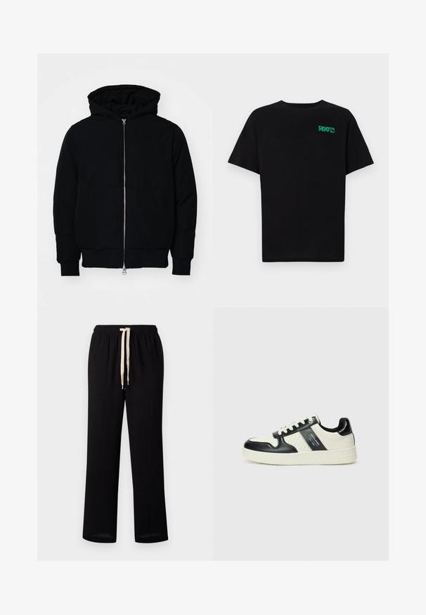 Zwarte hoodie met rits aan de voorkant, kangoeroe-pocket, geribbelde manchetten en zoom, weergegeven op een effen witte achtergrond.; Zwarte T-shirt van katoen met korte mouwen. Heeft een groen "ROOTS" logo op de voorkant, een ronde halslijn en een standaard pasvorm.; Zwarte broek met een elastische tailleband en een contrasterend crèmekleurig trekkoord. Recht model met een zachte textuur.; Leren sneakers met een zwart en crèmekleurig kleurenschema, voorzien van geperforeerde accenten, een gevoerde kraag en een gestructureerde buitenzool.