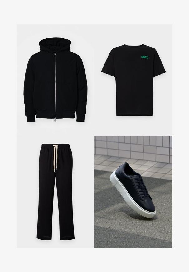 Sort hættejakke med frontlynlås, kængurulomme, ribbede manchetter og kant, præsenteret på en ensfarvet hvid baggrund.; Sort t-shirt lavet af bomuld med korte ærmer. Har et grønt "ROOTS" logo på forsiden, rund halsudskæring og almindelig pasform.; Sorte pull-on bukser med en elastisk talje, der har en kontrasterende cremefarvet snor. Lige bendesign med en glat tekstur.; Sort lædersneaker med rund tå og hvid gummisål. Har flade snørebånd og minimal syning på overdelen. Tekstureret sål for bedre greb.
