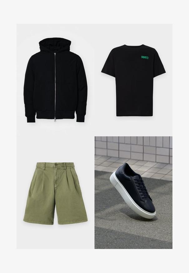 Giacca nera con cappuccio, dotata di zip frontale, tasca a marsupio, polsini e orlo a coste, esposta su uno sfondo bianco semplice.; T-shirt nera in cotone con maniche corte. Presenta un logo verde "ROOTS" sulla parte frontale, colletto rotondo e vestibilità standard.; Pantaloni shorts khaki con pince frontali, realizzati in tessuto misto cotone. Presentano passanti per cintura e chiusura con bottone, taglio dritto e orlo pulito.; Sneaker in pelle nera con punta arrotondata e suola in gomma bianca. Presenta lacci piatti e cuciture minime sulla parte superiore. Suola testurizzata per una migliore aderenza.