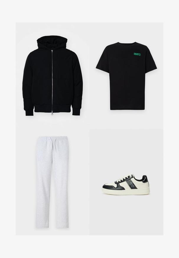 Veste à capuche noire avec fermeture éclair sur le devant, poche kangourou, poignets et ourlet côtelés, présentée sur un fond blanc uni.; T-shirt noir en coton à manches courtes. Présente un logo "ROOTS" vert sur le devant, un col rond et une coupe standard.; Pantalons de survêtement gris en tissu doux, avec une taille élastique et un cordon de serrage, des jambes droites et une texture lisse.; Baskets en cuir avec un schéma de couleurs noir et crème, dotées d'accents perforés, d'un col rembourré et d'une semelle texturée.
