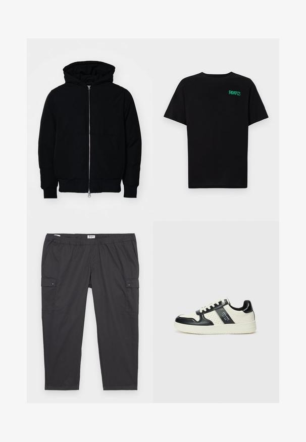 Mustaga kapuutsiga jakk, millel on esineed, kenguru tasku, soonikkoes, ja alläär, esitatud lihtsal valgel taustal.; Must t-särk, mis on valmistatud puuvillast, lühikeste varrukatega. Esipaneelil on roheline "ROOTS" logo, ümmargune kaelus ja tavapärane lõige.; Mustad mustad püksid elastse vööga, küljetaskud ja nupuvajutusega aksessuaarid. Valmistatud kergetest, siledatest kangast.; Nahatud nahkkingad musta ja kreemi värviskeemiga, millel on perforeeritud aktsendid, pehme krae ja tekstureeritud tallad.