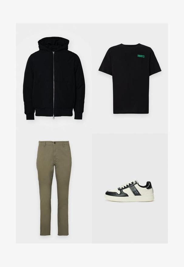 Svart hettejakke med frontglidelås, kengurulomme, ribbestrikket mansjetter og søm, vist på en ensfarget hvit bakgrunn.; svart t-skjorte laget av bomull med korte ermer. Har et grønt "ROOTS"-logo på forsiden, rund halsutringning og standard passform.; Olivenfargede, slim-fit chinos laget av bomull med en jevn tekstur. Har en knapplukking og fire lommer. Enkel, minimalistisk design.; Lædersneakers med sort og creme farveskema, der har perforerede detaljer, en polstret krave og en struktureret ydersål.