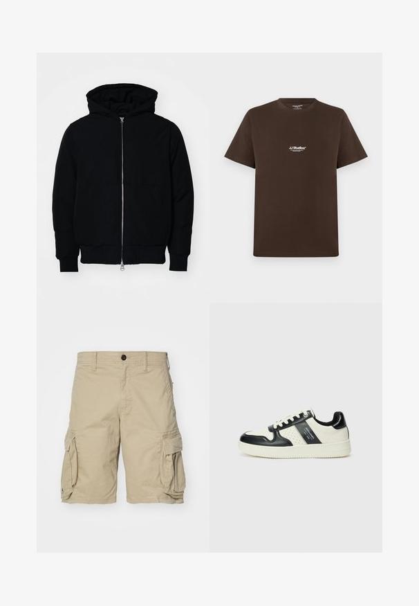 Veste à capuche noire avec fermeture éclair sur le devant, poche kangourou, poignets et ourlet côtelés, présentée sur un fond blanc uni.; T-shirt en coton marron à manches courtes, col rond et petit logo blanc sur la poitrine. Texture lisse et coupe standard.; Shorts cargo beiges en tissu de coton, avec des poches latérales, une fermeture à bouton et une coupe droite. Textures lisses.; Baskets en cuir avec un schéma de couleurs noir et crème, dotées d'accents perforés, d'un col rembourré et d'une semelle texturée.