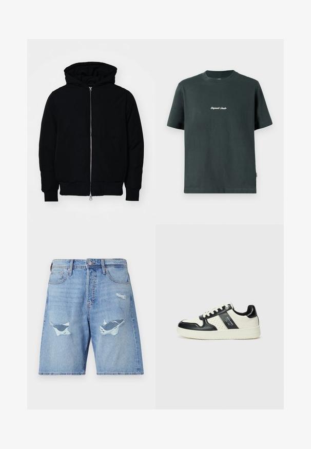 Black hooded jacket with front zipper, kangaroo pocket, ribbed cuffs, and hem, displayed on a plain white background.; Dark green cotton t-shirt with a crew neckline, short sleeves, and white embroidered text "Original Studio" on the chest. Smooth texture.; Light blue denim shorts with a relaxed fit, featuring two larger distressed areas and subtle whiskering on the fabric.; Leather sneakers with a black and cream color scheme, featuring perforated accents, a padded collar, and a textured outsole.