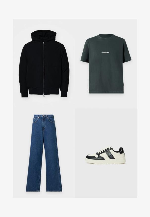 Chaqueta negra con capucha, cierre frontal, bolsillo tipo canguro, y puños y dobladillo acanalados, exhibida sobre un fondo blanco liso.; Camiseta de algodón verde oscuro con cuello redondo, mangas cortas y texto bordado en blanco "Original Studio" en el pecho. Textura suave.; Jeans de mezclilla azul de pierna ancha con una cintura alta, que cuentan con pasadores para cinturón y bolsillos frontales. La tela tiene una textura suave y una costura mínima.; Zapatillas de cuero con un esquema de colores negro y crema, que cuentan con acentos perforados, un collar acolchado y una suela texturizada.