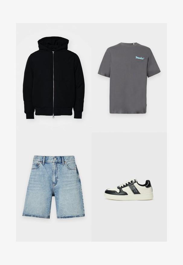 Crna kapuška jakna s prednjim zatvaračem, kenguru džepom, rebrastim manžetama i rubom, prikazana na običnoj bijeloj pozadini.; Siva majica s kratkim rukavima izrađena od pamuka. Ima svijetlosivu "Paradise" oznaku otisnutu na lijevoj strani prsiju. Klasičan okrugli izrez.; Svijetloplavi traper šorts ravnog kroja, s pet džepova i vidljivim šavovima. Ima kopčanje na gumbe sprijeda.; Kožne tenisice s crno-bijelom paletom boja, koje imaju perforirane akcentne detalje, podstavljeni ovratnik i teksturiranu potplat.
