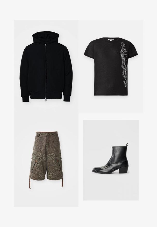 Mustaga kapuutsiga jakk, millel on esineed, kenguru tasku, soonikkoes, ja alläär, esitatud lihtsal valgel taustal.; Must mustaheaga mustrihiga T-särk, mis on valmistatud pehmest kangast, vasakul küljel valge tikandiga rist ja stiliseeritud tekst.; Roheline ja pruun leopardimustriga kamuflaažige mööda laia vöökohta kulgevate säärepoiste lühikesed püksid, mis on varustatud mitme taskuga, reguleeritavate nööridega ja tugevdatud õmblustega.; Mustad mustad mustad mustad, dekoratiivsete õmbluste ja madala plokkninaga. Esitleb tõmbluku jaoks, et seda oleks lihtne panna.