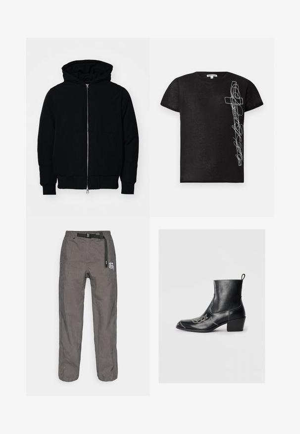 Czarna kurtka z kapturem, z suwakiem z przodu, kieszenią kangurką, ściągaczami przy mankietach i dolnym brzegu, prezentowana na jednolitym białym tle.; Czarna, krótko rękawowa koszulka z miękkiego materiału, z białym haftowanym wzorem krzyża i stylizowanym tekstem po lewej stronie.; Szare spodnie casualowe z wbudowanym czarnym regulowanym paskiem i białą grafiką logo na prawej udzie.; Czarne skórzane botki za kostkę z kwadratowym noskiem, dekoracyjnym przeszyciem i niskim obcasem blokowym. Posiadają pętelkę do łatwego zakładania.