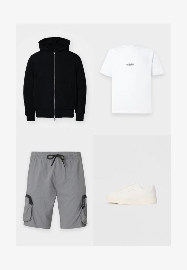 Black hooded jacket with front zipper, kangaroo pocket, ribbed cuffs, and hem, displayed on a plain white background.; White cotton t-shirt with short sleeves. Features a small black logo text "JJ Studios" on the chest. Simple, unadorned design.; Gray cargo shorts made from lightweight fabric, featuring an elastic waistband with drawstring, side pockets, and a decorative zippered pocket.; White slip-on sneakers with a textured surface, a thick sole, and minimalistic design. Features brand logo on the side.