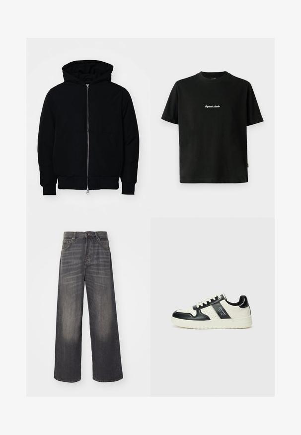 Melna kapucēta jaka ar priekšējo rāvējslēdzēju, kenguru kabatu, ribinātām aprocēm un apakšmalu, parādīta uz vienkārša balta fona.; Melnas kokvilnas T-krekls ar īsām piedurknēm, ar baltu izšūtu tekstu "Original Studio" krūšu daļā un apaļu kakla izgriezumu.; Platas kāju, ar augstu jostasvietu džinsi izbalinātā melnā džinsa audumā. Iespējami pieci kabatas un metāla detaļas. Gluda tekstūra ar maziem nodiluma akcentiem.; Ādas sporta apavi ar melnbaltu krāsu shēmu, ar perforētiem akcentiem, mīkstinātu apkakli un teksturētu zoli.