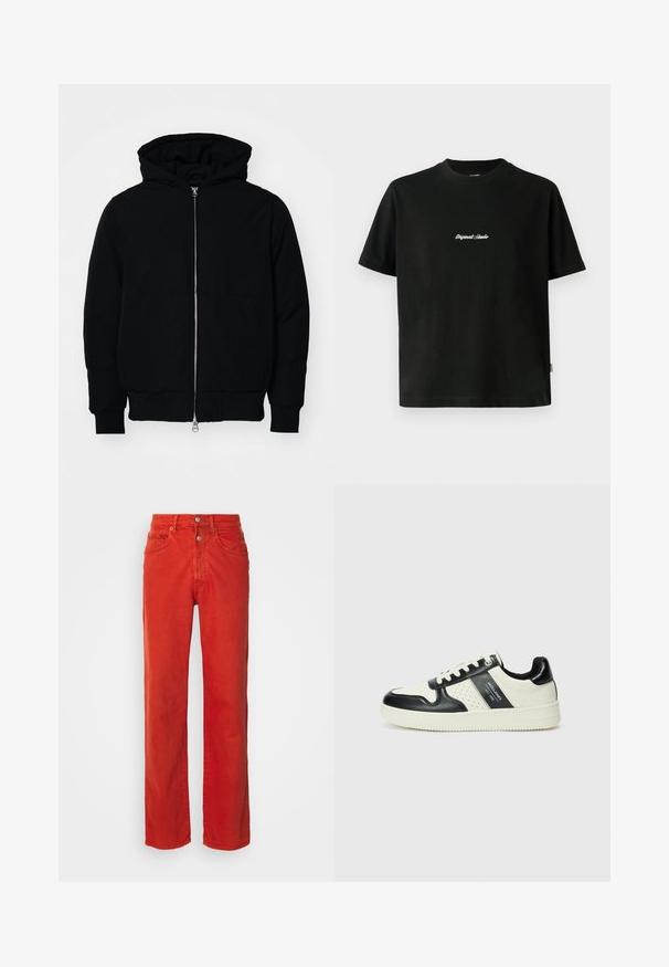 Juodas gobtuvėlis su priekiniu užtrauktuku, kengūros tipo kišene, lygiais rankogaliais ir apvadu, pateiktas ant vientiso balto fono.; Juodas medvilninis marškinėliai su trumpomis rankovėmis, su baltais siuvinėjimais "Original Studio" tekstu per krūtinę ir apvaliu kaklu.; Raudoni džinsai su tiesia kojų forma, su mygtuko uždarymu, dviem priekinėmis kišenėmis ir lygiu, šiek tiek tekstūruotu audiniu.; Odiniai sportbačiai juodos ir kreminės spalvų schemoje, su perforuotais akcentais, paminkštinta apykakle ir tekstūruotu padu.