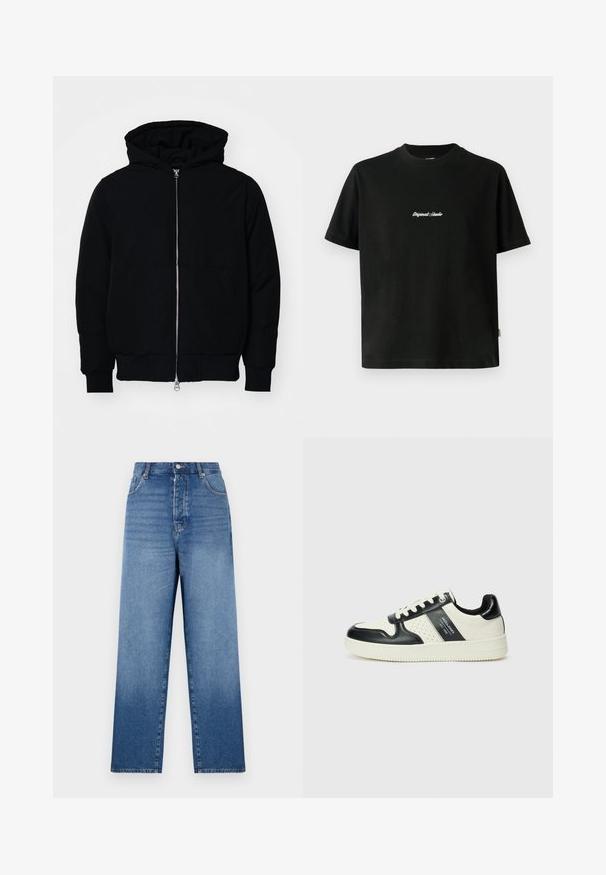 Black hooded jacket with front zipper, kangaroo pocket, ribbed cuffs, and hem, displayed on a plain white background.; Black cotton T-shirt with short sleeves, featuring a white embroidered "Original Studio" text across the chest and a rounded neckline.; Blue denim jeans with a high waist, straight cut, button closure, and five pockets. Features faded wash and visible stitching details.; Leather sneakers with a black and cream color scheme, featuring perforated accents, a padded collar, and a textured outsole.