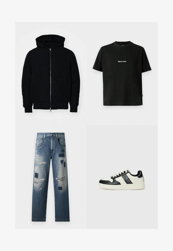 Crna kapuška jakna s prednjim zatvaračem, kenguru džepom, rebrastim manžetama i rubom, prikazana na običnoj bijeloj pozadini.; Crna pamučna majica sa kratkim rukavima, sa bijelim izvezenim natpisom "Original Studio" na prsima i okruglim izrezom.; Traperice s izrezanim zakrpama i različitim nijansama plave, s ravnim nogavicama i tradicionalnim pet džepova.; Kožne tenisice s crno-bijelom paletom boja, koje imaju perforirane akcentne detalje, podstavljeni ovratnik i teksturiranu potplat.