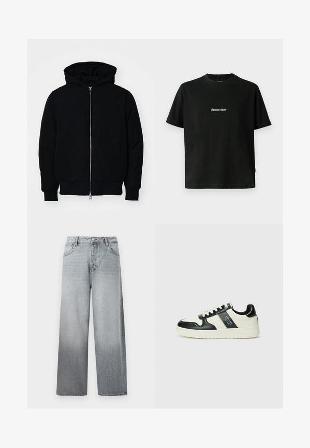 Veste à capuche noire avec fermeture éclair sur le devant, poche kangourou, poignets et ourlet côtelés, présentée sur un fond blanc uni.; T-shirt en coton noir à manches courtes, avec un texte brodé blanc "Original Studio" sur la poitrine et un col rond.; Jean large gris clair avec un effet délavé, à fermeture par bouton et zip, design à cinq poches et surpiqûres contrastées.; Baskets en cuir avec un schéma de couleurs noir et crème, dotées d'accents perforés, d'un col rembourré et d'une semelle texturée.