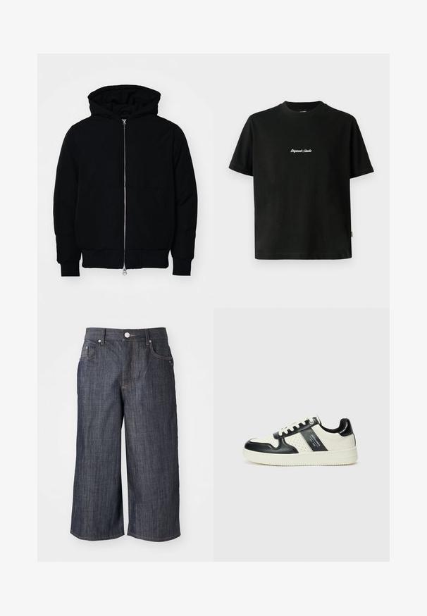Svart hettejakke med frontglidelås, kengurulomme, ribbestrikket mansjetter og søm, vist på en ensfarget hvit bakgrunn.; Svart bomull T-skjorte med korte ermer, med hvit brodert "Original Studio" tekst over brystet og rund halsåpning.; Mørk denim culottes med bred ben design, med fem lommer, metallisk knappe-lukking og kontrasterende sømdetaljer.; Lædersneakers med sort og creme farveskema, der har perforerede detaljer, en polstret krave og en struktureret ydersål.