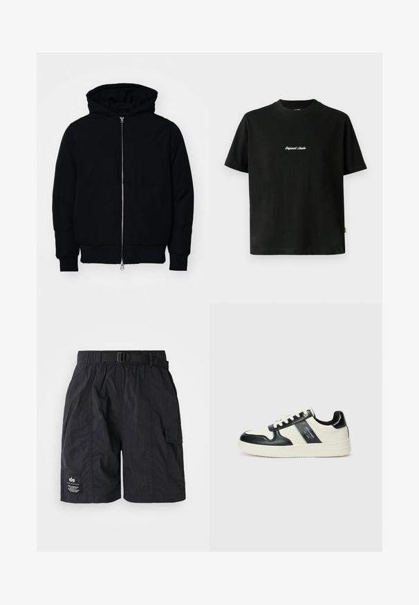 Crna kapuška jakna s prednjim zatvaračem, kenguru džepom, rebrastim manžetama i rubom, prikazana na običnoj bijeloj pozadini.; Crna pamučna majica sa kratkim rukavima, sa bijelim izvezenim natpisom "Original Studio" na prsima i okruglim izrezom.; Crne cargo kratke hlače od lagane tkanine. Imaju elastični pojas s remenom, bočni džep i zakrpu s logom na lijevoj nozi.; Kožne tenisice s crno-bijelom paletom boja, koje imaju perforirane akcentne detalje, podstavljeni ovratnik i teksturiranu potplat.