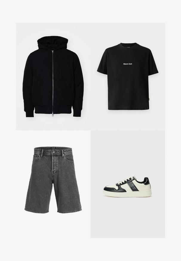 Zwarte hoodie met rits aan de voorkant, kangoeroe-pocket, geribbelde manchetten en zoom, weergegeven op een effen witte achtergrond.; Zwarte katoenen T-shirt met korte mouwen, met een witte geborduurde tekst "Original Studio" over de borst en een ronde hals.; Zwarte denim short met een relaxed fit, voorzien van een knoopsluiting, twee frontzakken en een subtiel vervaagd patroon. Klassiek vijfzakken ontwerp.; Leren sneakers met een zwart en crèmekleurig kleurenschema, voorzien van geperforeerde accenten, een gevoerde kraag en een gestructureerde buitenzool.