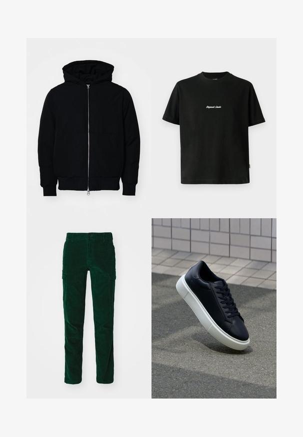 Črna kapuca jakna s sprednjim zadrgo, kenguru žepom, rebrastimi manšetami in hemom, razstavljena na enostavni beli ozadju.; Črna bombažna majica s kratkimi rokavi, ki ima belo vezeno besedilo "Original Studio" na prsih in okrogel izrez.; DOCKERS SLIM TAPERED - Hlačami s stranskimi žepi - deep forest; Črne usnjene superge z zaobljenim prstom in belim gumijastim podplat. Imajo ravne vezalke in minimalno šivanje na zgornjem delu. Teksturirani podplat za oprijem.