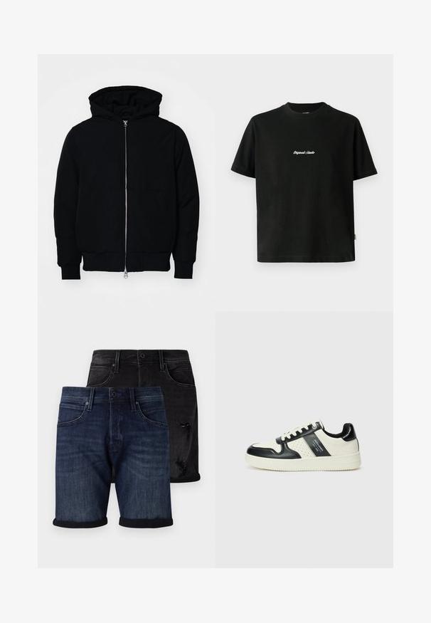 Černá kapucňová bunda s předním zipem, klokaní kapsou, vroubkovanými manžetami a spodním lemem, vystavená na čistém bílém pozadí.; Černé bavlněné tričko s krátkým rukávem, s bílým vyšitým textem "Original Studio" přes hruď a kulatým výstřihem.; Sada džínových šortek obsahující tmavě modrý pár s ohrnutými lemy a černý opotřebovaný pár. Oba mají klasický pětipocketový styl.; Kožené tenisky s černobílou barevnou kombinací, které mají perforované detaily, polstrovaný límec a texturovanou podrážku.