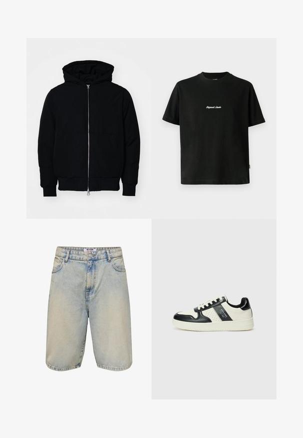 Crna kapuška jakna s prednjim zatvaračem, kenguru džepom, rebrastim manžetama i rubom, prikazana na običnoj bijeloj pozadini.; Crna pamučna majica sa kratkim rukavima, sa bijelim izvezenim natpisom "Original Studio" na prsima i okruglim izrezom.; Svijetloplave traper šortse s ispranim izgleda, zatvaranjem na dugme, pet džepova i šivanim detaljima duž rubova i ivica džepova.; Kožne tenisice s crno-bijelom paletom boja, koje imaju perforirane akcentne detalje, podstavljeni ovratnik i teksturiranu potplat.