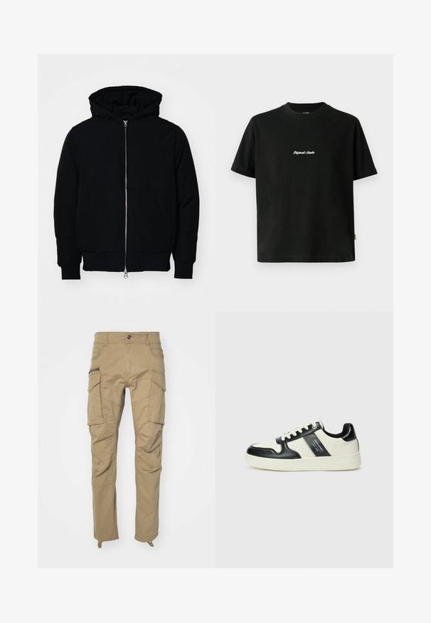 Mustaga kapuutsiga jakk, millel on esineed, kenguru tasku, soonikkoes, ja alläär, esitatud lihtsal valgel taustal.; Must värvi puuvillane T-särk lühikeste varrukatega, millel on rinnal valge tikitud "Original Studio" tekst ja ümar kaelus.; Khaki värvi cargo püksid mitme külgpocketiga, nööbi vöökoht, kitsenevad jalad ja pehme, vastupidav kangas. Tugevdatud õmblused kogu ulatuses.; Nahatud nahkkingad musta ja kreemi värviskeemiga, millel on perforeeritud aktsendid, pehme krae ja tekstureeritud tallad.