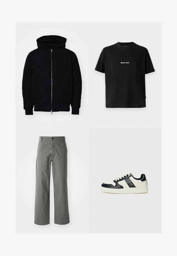 Svart huoodiejacka med framdragkedja, känguruficka, ribbade ärmslut och nederkant, uppställd mot en vit bakgrund.; Svart bomullströja med korta ärmar, som har en vit broderad text "Original Studio" tvärs över bröstet och en rundad halsringning.; Grå bomullsbyxor med rak design, med knäppning och bälteshällor, slät textur och utan synliga mönster eller detaljer.; Läder sneakers med en svart och krämfärgad färgsättning, med perforerade detaljer, en vadderad krage och en strukturerad yttersula.