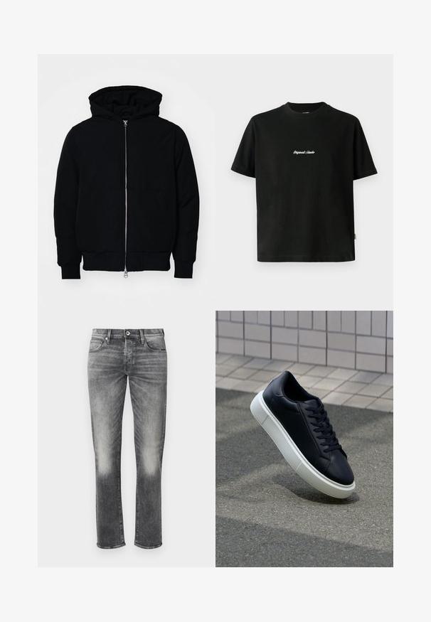 Giacca nera con cappuccio, dotata di zip frontale, tasca a marsupio, polsini e orlo a coste, esposta su uno sfondo bianco semplice.; T-shirt in cotone nero con maniche corte, caratterizzato da una scritta bianca ricamata "Original Studio" sul petto e un collo rotondo.; Jeans in denim grigio con design a gamba dritta, caratterizzati da un leggero sbiadimento, cinque tasche e chiusura a bottone. Tessuto testurizzato con cuciture minime.; Sneaker in pelle nera con punta arrotondata e suola in gomma bianca. Presenta lacci piatti e cuciture minime sulla parte superiore. Suola testurizzata per una migliore aderenza.