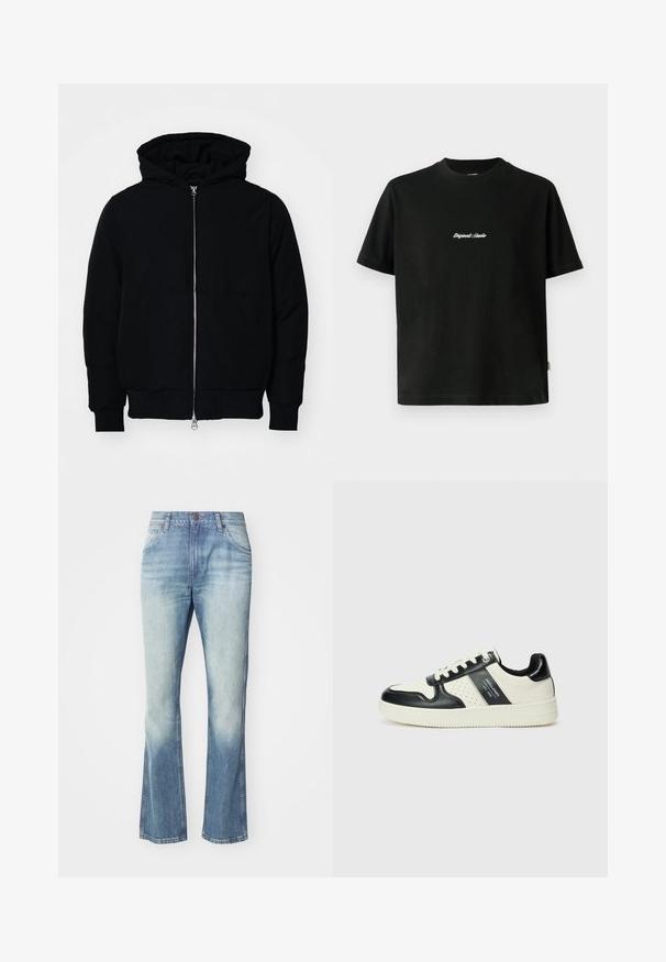 Mustaga kapuutsiga jakk, millel on esineed, kenguru tasku, soonikkoes, ja alläär, esitatud lihtsal valgel taustal.; Must värvi puuvillane T-särk lühikeste varrukatega, millel on rinnal valge tikitud "Original Studio" tekst ja ümar kaelus.; Heledad sinised lainelised teksad, narmendava viimistlusega, viie taskuga disain, metallne nööp sulgemiseks ja kontrastsete õmblustega. Sile denimi tekstuur.; Nahatud nahkkingad musta ja kreemi värviskeemiga, millel on perforeeritud aktsendid, pehme krae ja tekstureeritud tallad.