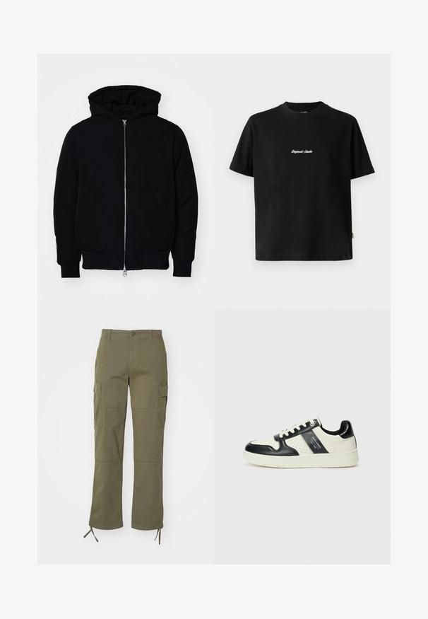 Schwarze Kapuzenjacke mit Frontreißverschluss, Kängurutasche, gerippten Bündchen und Saum, auf einem schlichten weißen Hintergrund präsentiert.; Schwarzes Baumwoll-T-Shirt mit kurzen Ärmeln, das auf der Brust einen weißen, gestickten Text "Original Studio" und einen runden Ausschnitt aufweist.; Olivegrüne Cargo-Hosen mit geradem Bein, ausgestattet mit zwei Seitentaschen und verstellbaren Bändern an den Bündchen. Hergestellt aus strapazierfähigem Material.; Leder-Sneaker in Schwarz- und Cremetönen, mit perforierten Akzenten, einem gepolsterten Kragen und einer strukturierten Laufsohle.