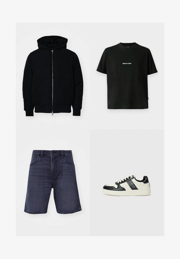 Fekete kapucnis dzseki elülső cipzárral, kenguruzsebbel, bordázott mandzsettákkal és aba, egy sima fehér háttér előtt.; Fekete pamut póló rövid ujjakkal, fehér hímzett "Original Studio" felirattal a mellen és kerek nyakú kivágással.; Sötét indigókék, egyenes szabású farmer rövidnadrág, öt zsebbel és gombos záródással. Finom kopás és varrási részletek jellemzik.; Fekete és krém színű bőrsneaker, perforált díszítésekkel, párnázott bokapánttal és texturált talppal.