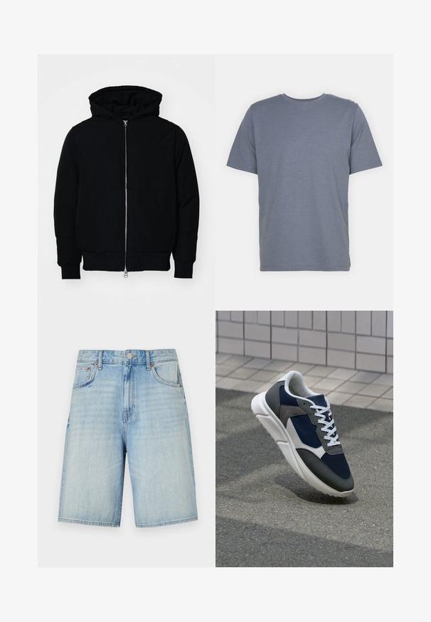 Black hooded jacket with front zipper, kangaroo pocket, ribbed cuffs, and hem, displayed on a plain white background.; Gray short-sleeve T-shirt with a round neck, made of soft cotton blend fabric. Simple design, no patterns or accents.; Light blue denim shorts with a straight cut, featuring a button and zipper closure, five pockets, and a slightly faded finish.; Sneaker featuring a navy blue mesh upper, gray suede accents, white rubber sole, and flat white laces, designed for comfort and breathability.