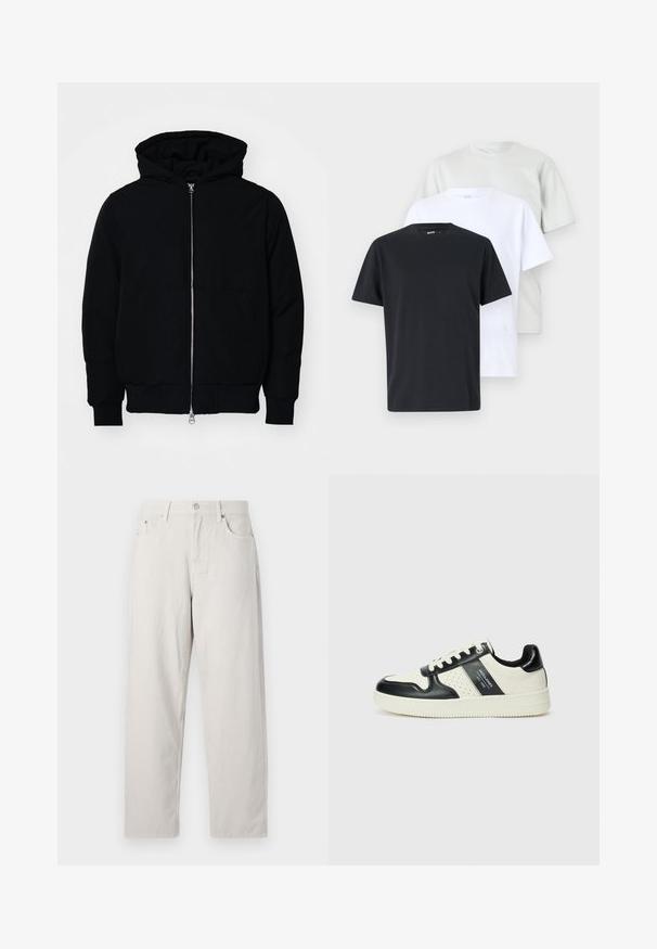 Veste à capuche noire avec fermeture éclair sur le devant, poche kangourou, poignets et ourlet côtelés, présentée sur un fond blanc uni.; Trois t-shirts à manches courtes en noir, blanc et gris clair, fabriqués en coton avec un col rond et une coupe décontractée. Couleurs unies et lisses.; Jeans taille haute beige clair au design droit. Fabriqués en épais coton avec des poches avant bien visibles et un bouton en métal.; Baskets en cuir avec un schéma de couleurs noir et crème, dotées d'accents perforés, d'un col rembourré et d'une semelle texturée.