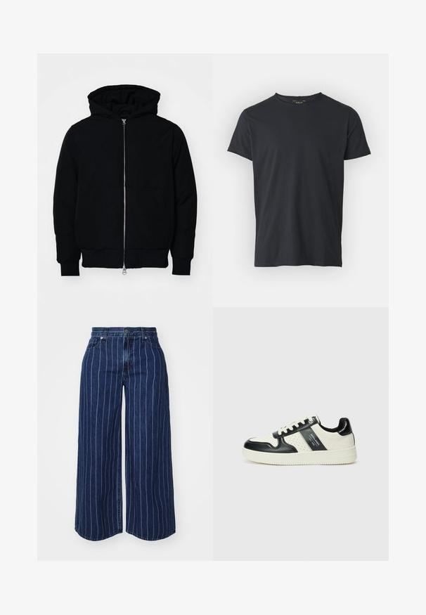 Črna kapuca jakna s sprednjim zadrgo, kenguru žepom, rebrastimi manšetami in hemom, razstavljena na enostavni beli ozadju.; Črna majica s kratkimi rokavi iz bombaža, z okroglim ovratnikom in ravnim krojem. Gladka tekstura brez vidnih vzorcev ali logotipov.; Temno modri jeans hlače širokega kroja z belimi vertikalnimi črtami, z gumbom in zadrgo ter stranskimi žepi.; Usnjeni športni čevlji z črno in krem barvno shemo, ki vključujejo perforirane dodatke, podložen ovratnik in strukturirano podplat.