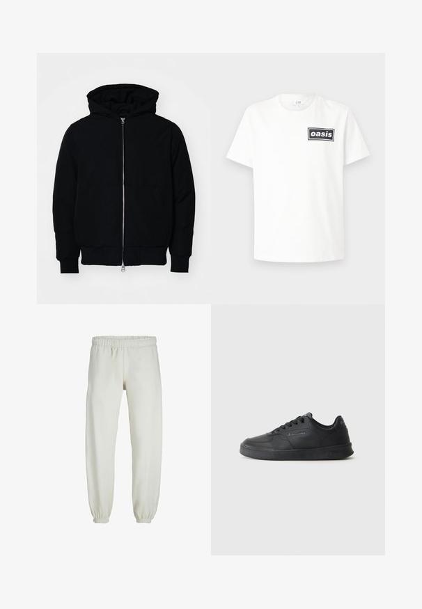 Jachetă neagră cu glugă, cu fermoar în față, buzunar tip kangaroo, mansete și tiv ribbed, prezentată pe un fundal alb simplu.; Tricou din bumbac alb, cu un logo dreptunghiular negru cu cuvântul "oasis" centrat. Mâneci scurte și un design clasic cu gât rotund.; Pantaloni de trening albi, realizati dintr-un textile moale, avand talie elastica si mansete, cu o textura fina si un design lejer.; Pantofii sport negri au o parte superioară din material sintetic neted, talpă plană din cauciuc, vârf rotund și închidere cu șireturi, având detalii cu logo pe lateral.