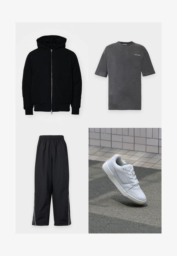 Svart hettejakke med frontglidelås, kengurulomme, ribbestrikket mansjetter og søm, vist på en ensfarget hvit bakgrunn.; Svart t-skjorte med korte ermer laget av mykt stoff, med rund hals og teksten "// NOT SORRY" i hvitt på venstre brystområde.; Svarte, lette bukser laget av nylon med elastisk midjebånd, med hvite sidestriper og en løs, cropped passform.; Hvite lær sneakers med perforerte sider, teksturerte detaljer, flate lisser og en kontrasterende grå hæl. Har en lite hevet såle.