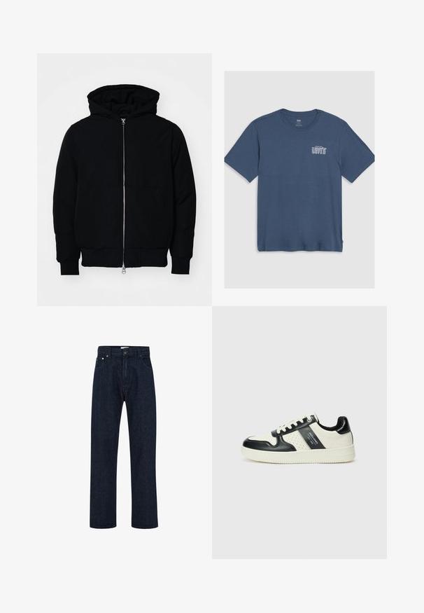 Juodas gobtuvėlis su priekiniu užtrauktuku, kengūros tipo kišene, lygiais rankogaliais ir apvadu, pateiktas ant vientiso balto fono.; Mėlyna medvilninė marškinėliai su apvalia iškirpte ir trumpomis rankovėmis. Kairėje krūtinės pusėje yra baltas "Levi's" logotipas. Paprastas dizainas.; Tamsiai mėlyni džinsai su aukštu liemeniu, tiesiomis plačiomis kojomis, priekinėmis kišenėmis ir metaliniu mygtuko uždarymu. Klasikinis penkių kišenių dizainas.; Odiniai sportbačiai juodos ir kreminės spalvų schemoje, su perforuotais akcentais, paminkštinta apykakle ir tekstūruotu padu.